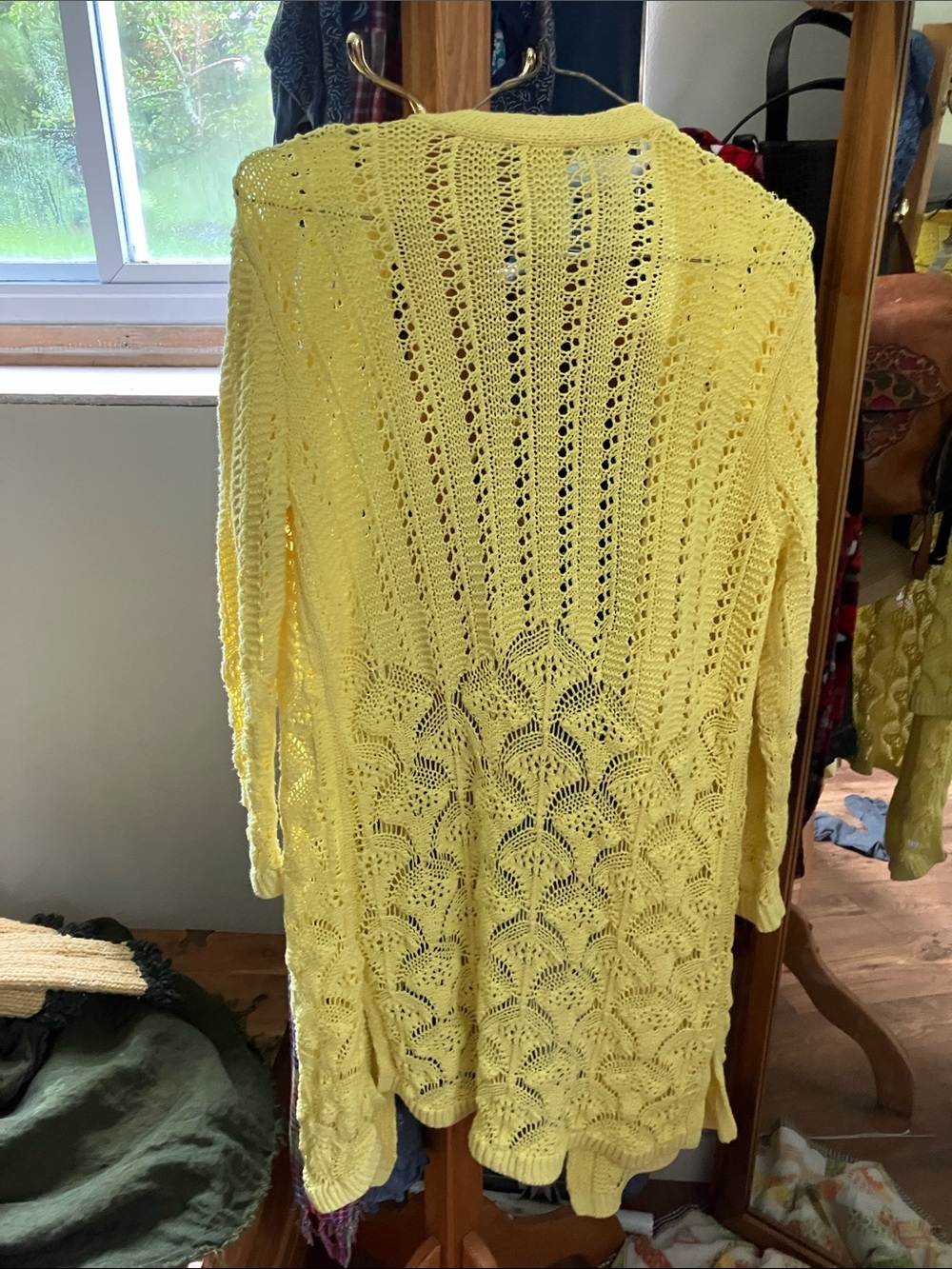 Chico's Lemon Yellow Crochet Long cardigan 100 cotton